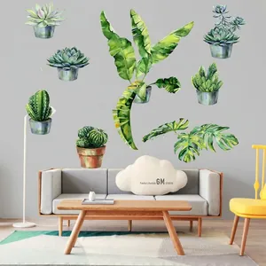 Nordic Watercolor Potted Green Plant Wall Stickers PVC Removable Monstera Cactus Leaf Decals For Home Bedroom Living Room