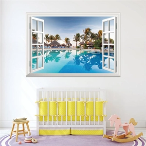 Detailed 3D tropical pool window wall decal showing a beach scene in a nursery room