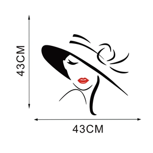 Detail view of vinyl wall decal showing a 43cm square minimalist female profile with red lips