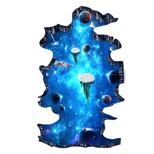 3D outer space broken wall sticker with colorful nebulae, planets and a spaceship