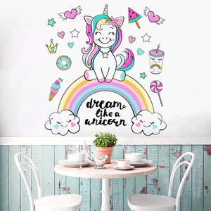 Autocollant Mural Licorne et Arcobaleno pour Chambre d'Enfant PVC Étanche Amovible Décoration de Garderie Sticker Mural
