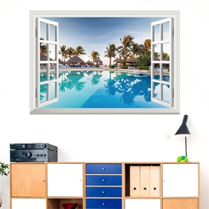 Detail of 3D window wall sticker showing a tropical resort view with pool and palms