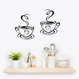 Minimalist black coffee cup wall stickers with heart motifs for kitchen decoration