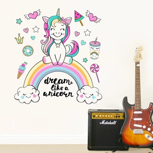Stickers muraux licorne arc-en-ciel avec étoiles pour chambre d'enfant