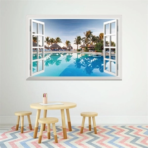 3D beach landscape wall sticker featuring a fake window view of a tropical pool and palm trees