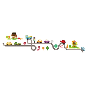 Détail de stickers muraux voitures colorées avec routes et panneaux pour chambre d'enfant