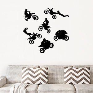 Detail view of six black motorcycle stunt silhouettes as self-adhesive wall stickers