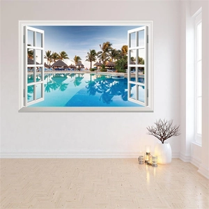 Detail of 3D window beach landscape wall sticker showing palm trees and tropical pool