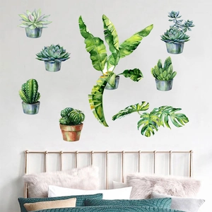 Watercolor Nordic green potted plant wall stickers for living room and bedroom decor