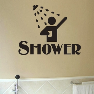 Waterproof black vinyl bathroom wall decal featuring SHOWER text and silhouette icon