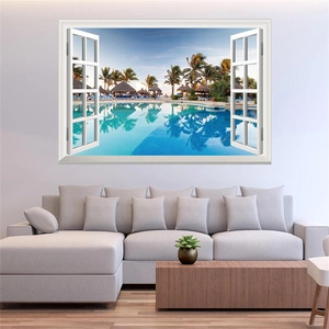 3D tropical beach window view wall sticker with palm trees and pool in a modern living room