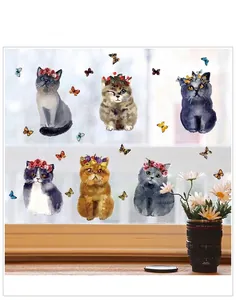 Stickers muraux 3D chat aquarelle réaliste avec papillons pour salon et chambre d'enfant