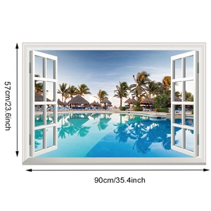Detailed view of 3D window wall sticker with island beach scenery measuring 90x57cm