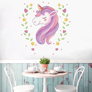 Cute cartoon unicorn wall stickers with stars and hearts for nursery room wall decor