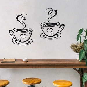 Detail of minimalist black coffee cup wall stickers featuring heart steam and smoke lines