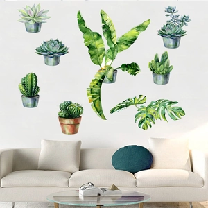 Watercolor green leaf and succulent wall stickers for Nordic style home decoration