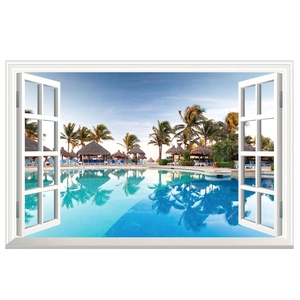 Detail showing 3D window wall sticker with tropical beach pool and palm trees landscape