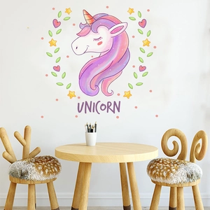 Unicorn wall decal set with pink unicorn head and stars for kids room wall decor