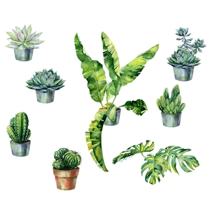 Nordic watercolor wall stickers featuring potted green leaves and succulent plants