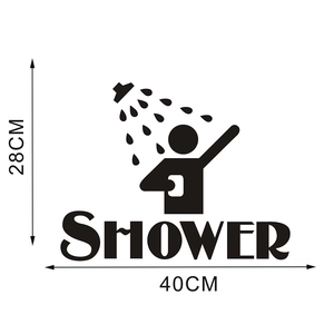 Detailed black vinyl shower wall sticker featuring shower head and 40x28cm dimensions