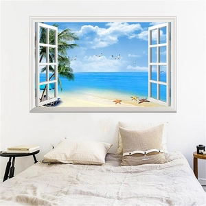 Detail of 3D window wall decal showing a tropical beach view with palms and starfish