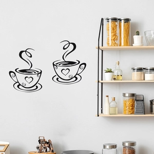 Minimalist black coffee cup wall decals with heart motifs for kitchen and cafe decor