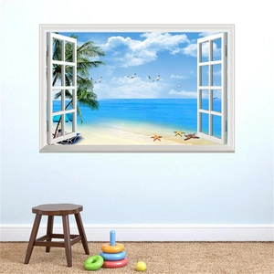 Macro detail of 3D window wall decal showing a tropical beach with palms and blue ocean