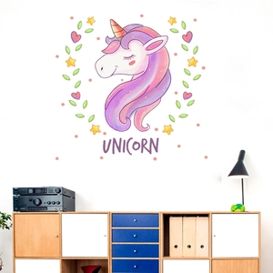 Cute watercolor unicorn wall sticker with hearts and stars for kids' room decoration