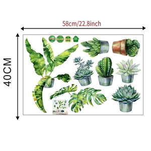 Watercolor tropical leaf wall sticker with monstera and cactus patterns, size 58x40cm