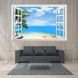 Macro detail of 3D window wall sticker with tropical beach and ocean view for home decor