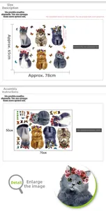Mise en page détaillée du sticker mural avec chatons aquarelle et fleurs papillon