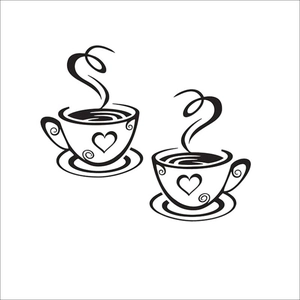 Minimalist black coffee cup wall sticker featuring heart design and steam line patterns