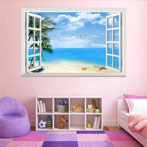 Detail showing a 3D tropical beach window wall sticker in a cozy home interior setting