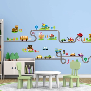 Stickers muraux transport de dessins animés avec routes et véhicules pour chambre d'enfant