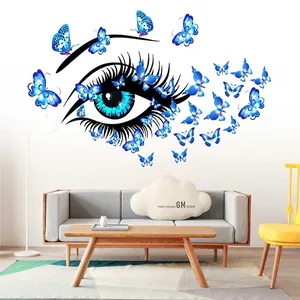 Artistic blue eye and butterflies wall decal set for a modern living room decor