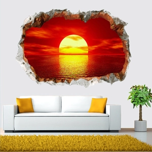 3D wall sticker with realistic sunset ocean view and creative broken wall effect design