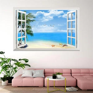 3D beach landscape wall sticker featuring tropical sea and palms in a living room setup