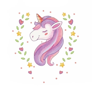 Whimsical watercolor unicorn wall art with purple tones, stars and floral accents