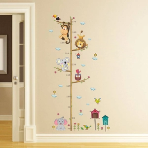 Detail of cartoon animals zoo wall sticker height chart featuring elephant and lion