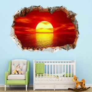 3D broken wall sunset ocean scene wall decal for bedroom with warm lighting and beach view
