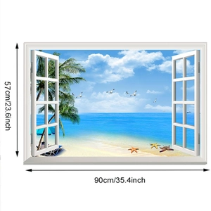Detail showing dimensions 90x57cm of the tropical beach 3D window view wall sticker decal