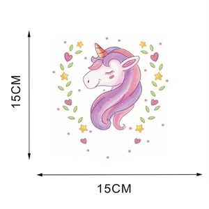 Detailed view of 15x15cm cute unicorn wall decal with stars and hearts decoration