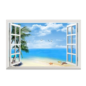 Detail of 3D window beach wall sticker showing tropical palms and sandy shore