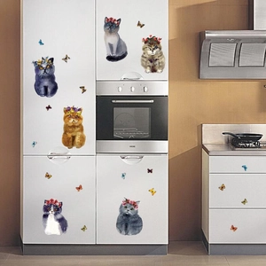 Stickers muraux 3D de chats réalistes avec papillons pour décoration créative de cuisine