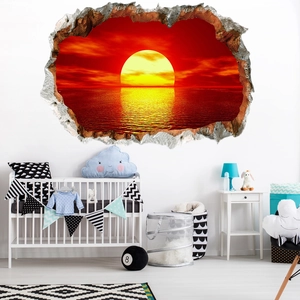 Detailed view of 3D broken wall sunset wall sticker in a cozy nursery room setting