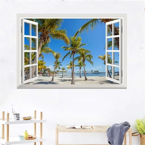 Detail of 3D window wall decal featuring a tropical beach with palm trees and a white frame