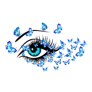 Creative wall sticker featuring a female eye illustration and blue flying butterflies