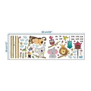 Detail view of cartoon zoo animals height chart stickers with elephant and lion dimensions