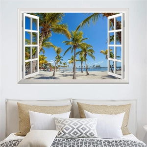 3D beach window view wall sticker with palm trees shown on a modern bedroom wall decor