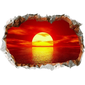 3D broken wall sticker featuring a red sunset seascape for creative home wall decoration